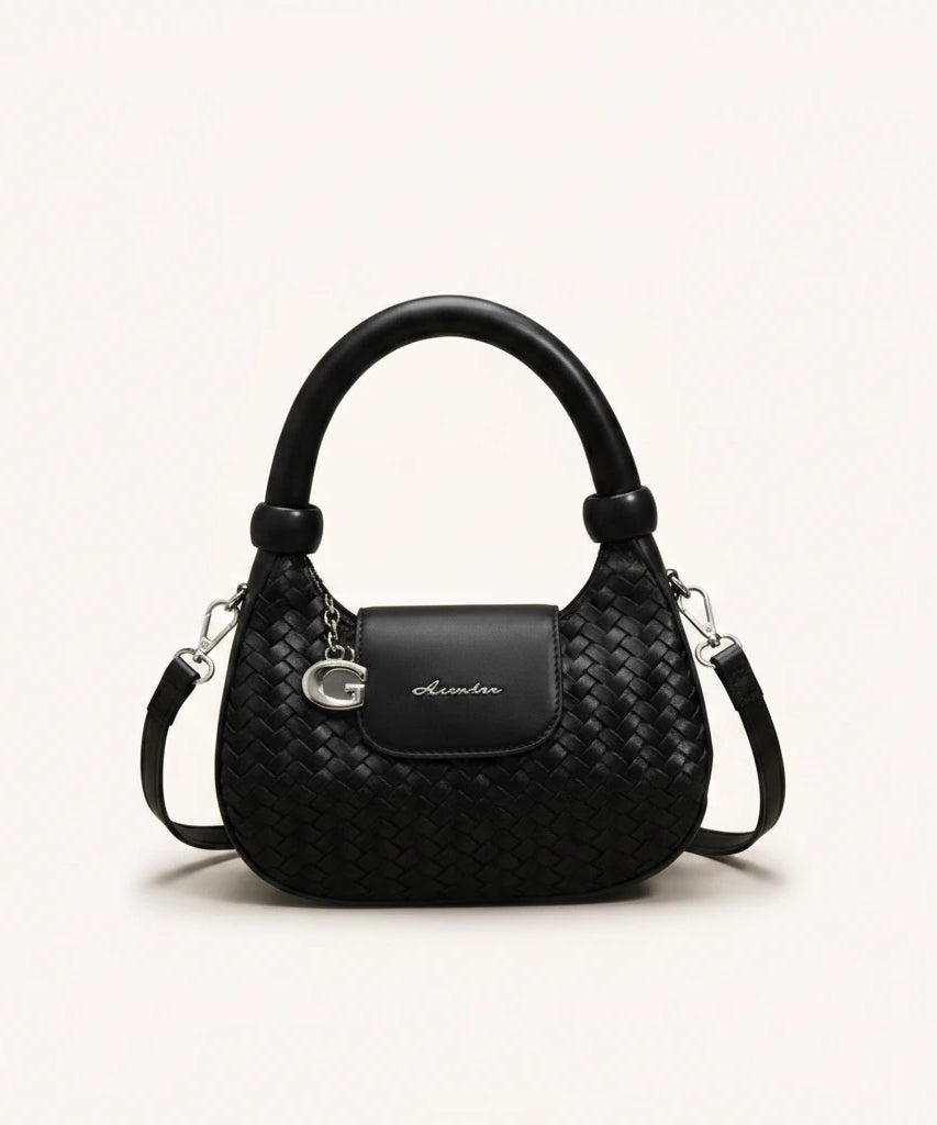 Lattice Top-Handle Bag — Woven | Remove the bg with text of the products and replace the bg with image reference i give and keep the showdow of the products