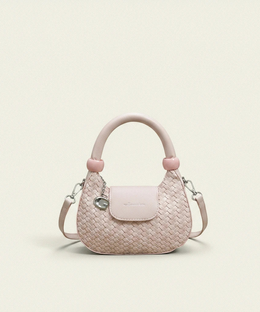Lattice Top-Handle Bag — Woven | Remove the bg with text of the products and replace the bg with image reference i give and keep the showdow of the products