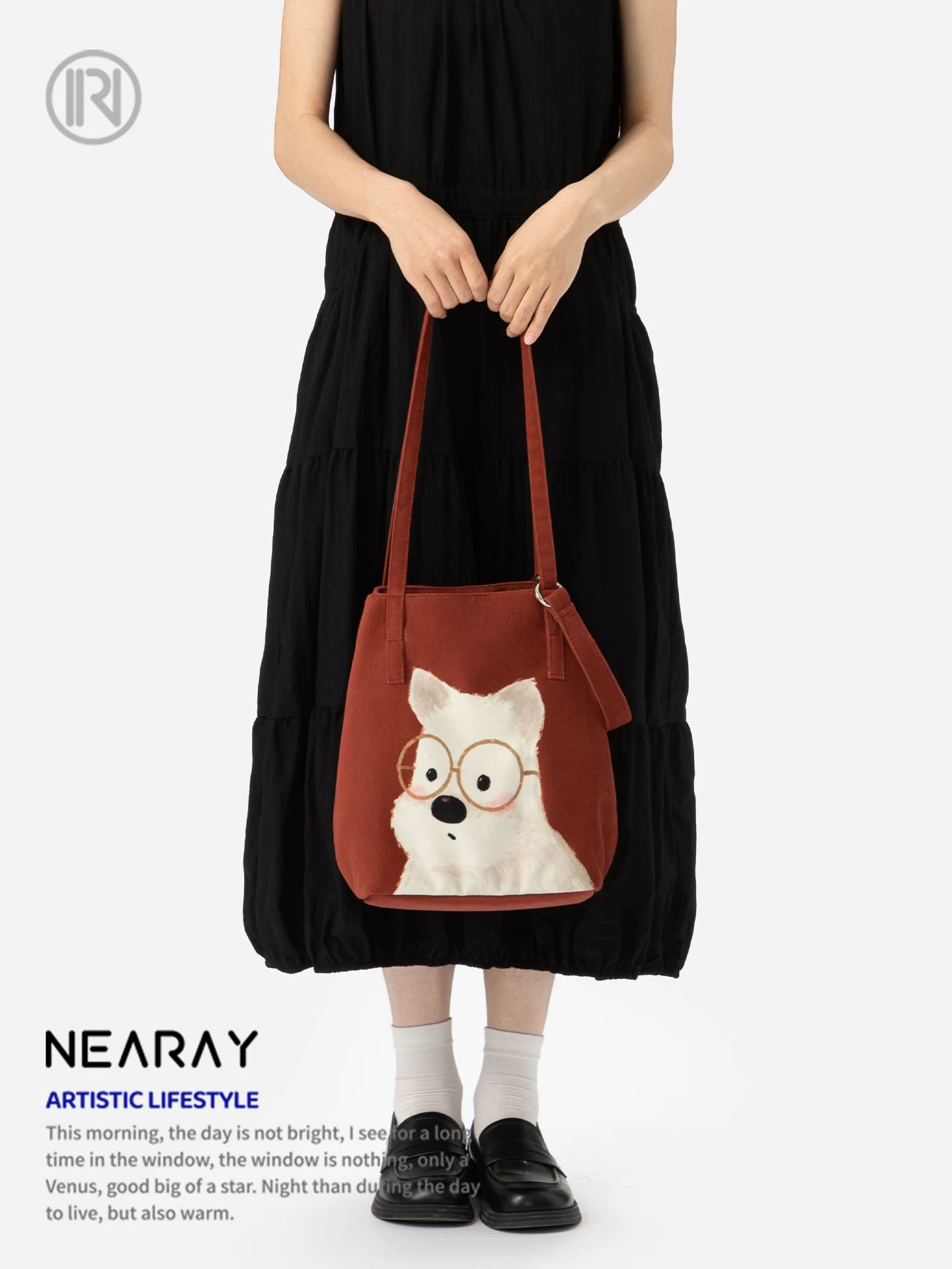 Nirui new red canvas bag, cute puppy, large capacity tote bag, versatile shoulder bag for commuting, women's gift AS