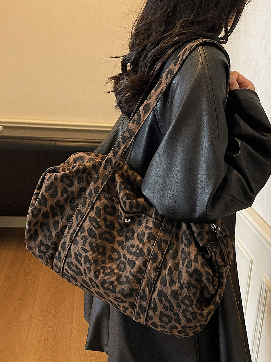 Borsa tote in tela leopardata rétro