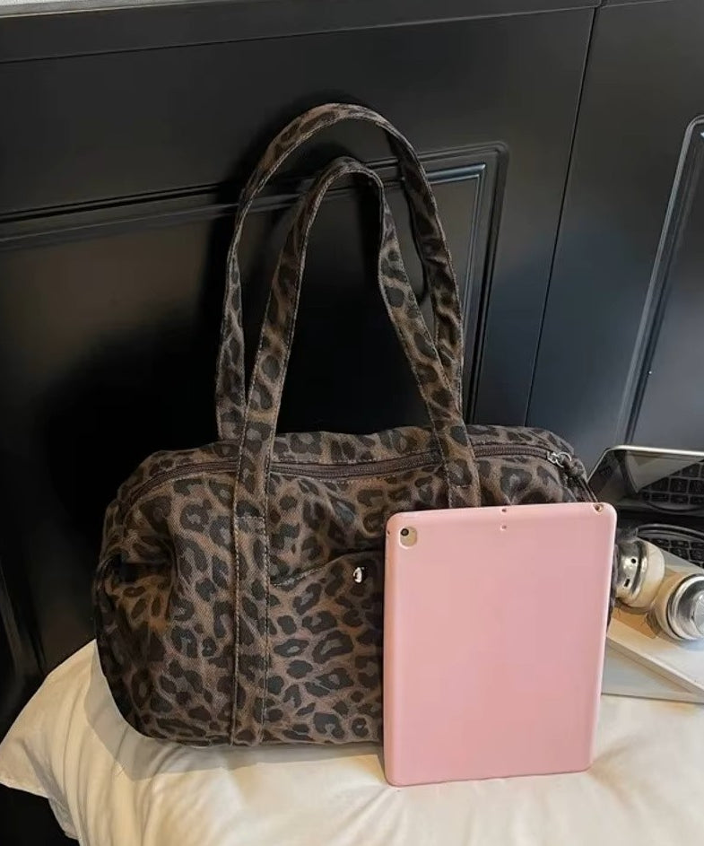 Borsa tote in tela leopardata rétro