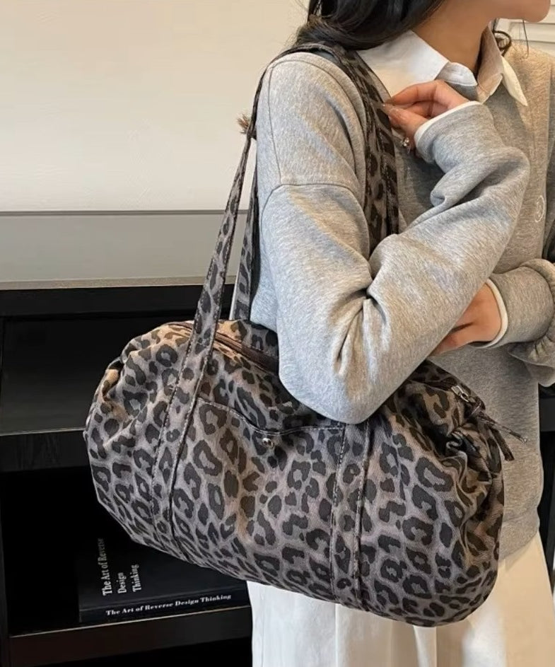 Borsa tote in tela leopardata rétro