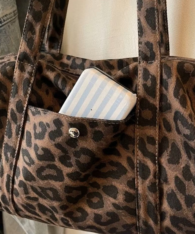 Borsa tote in tela leopardata rétro