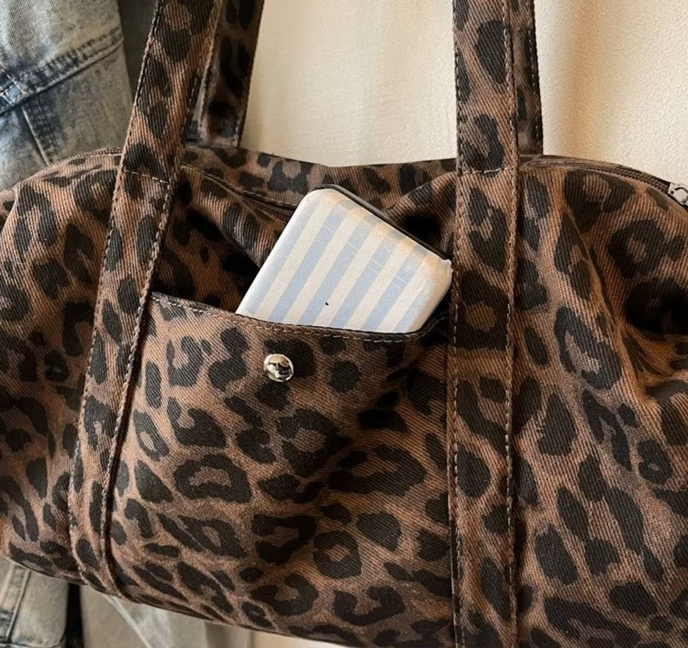 Borsa tote in tela leopardata rétro