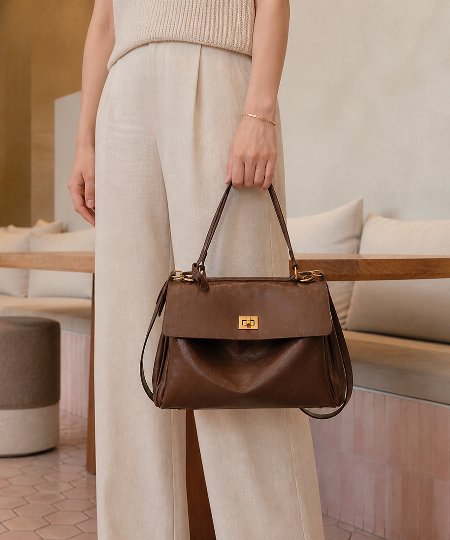 Model holding Audrey Vintage Turn-Lock Satchel Bag by top handles