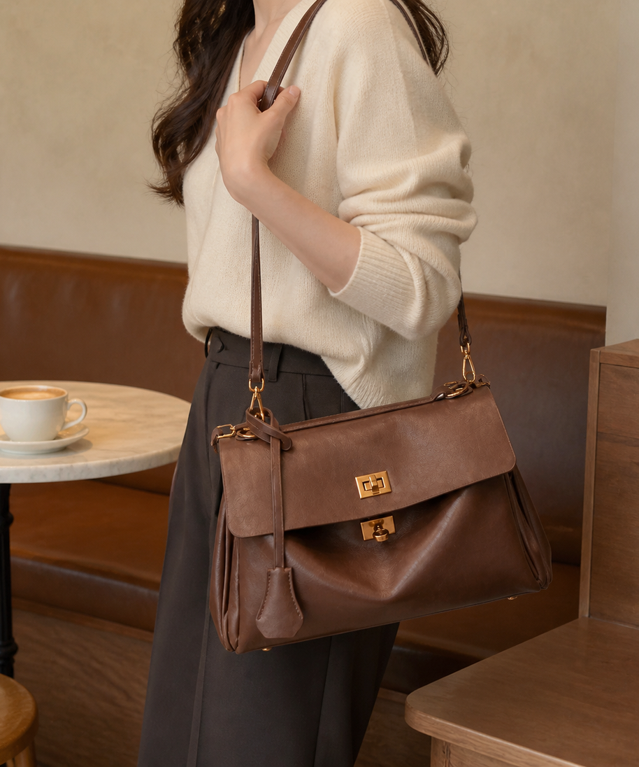 Model wearing Audrey Vintage Turn-Lock Satchel Bag on shoulder