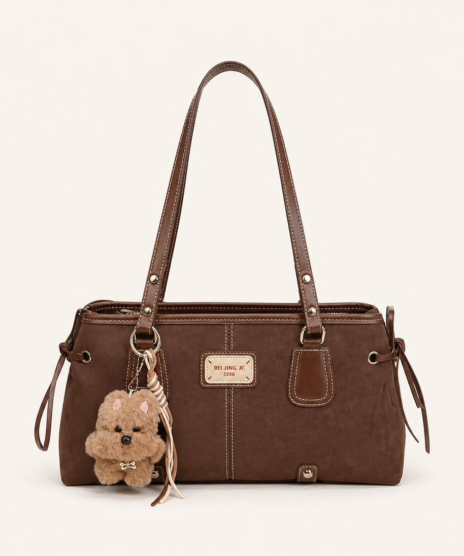 Camden Vintage Contrast-Stitch Tote Bag front view on warm ivory background