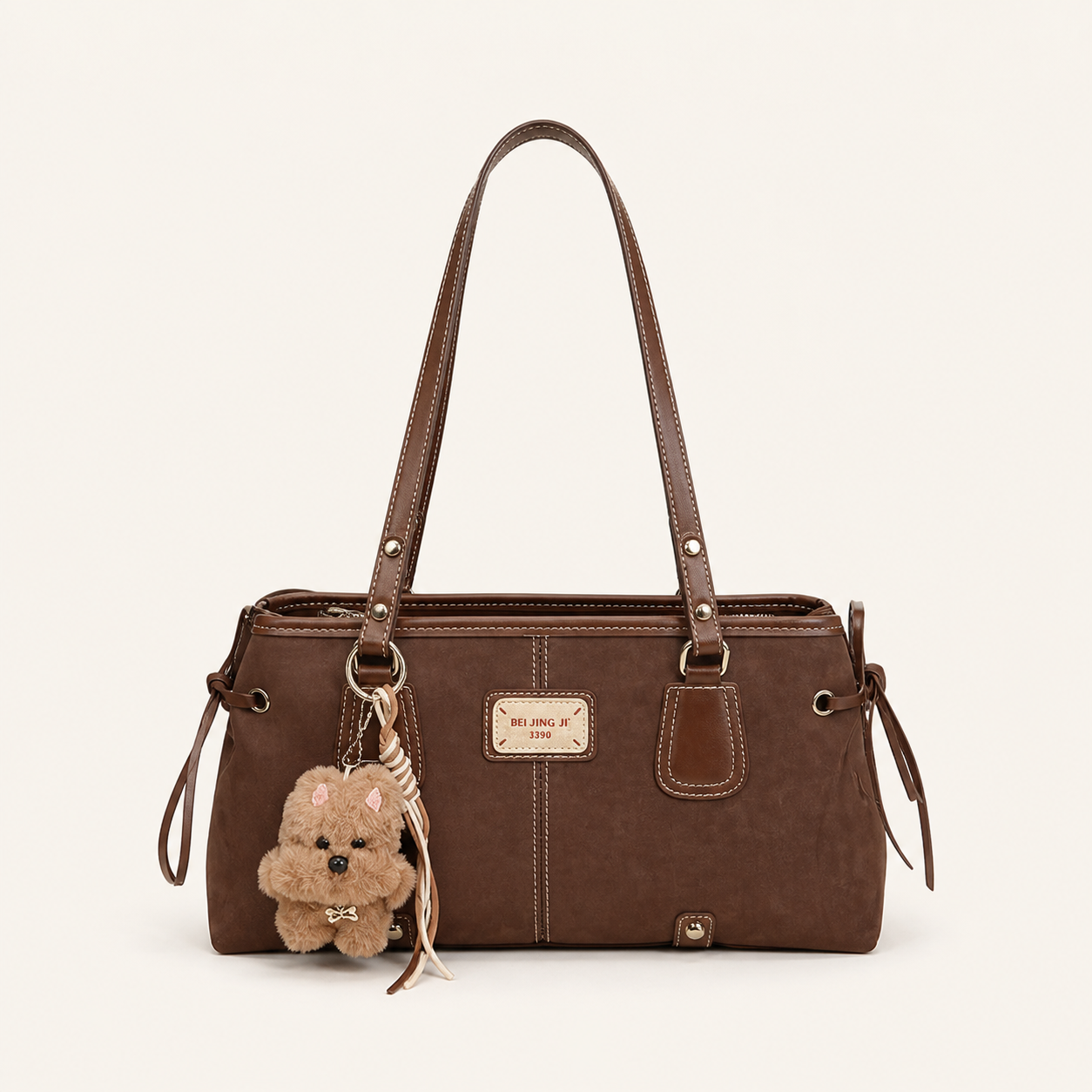 Camden Vintage Contrast-Stitch Tote Bag front view on warm ivory background