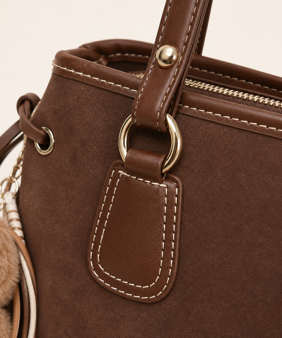 Camden tote contrast stitching, zipper and handle hardware detail