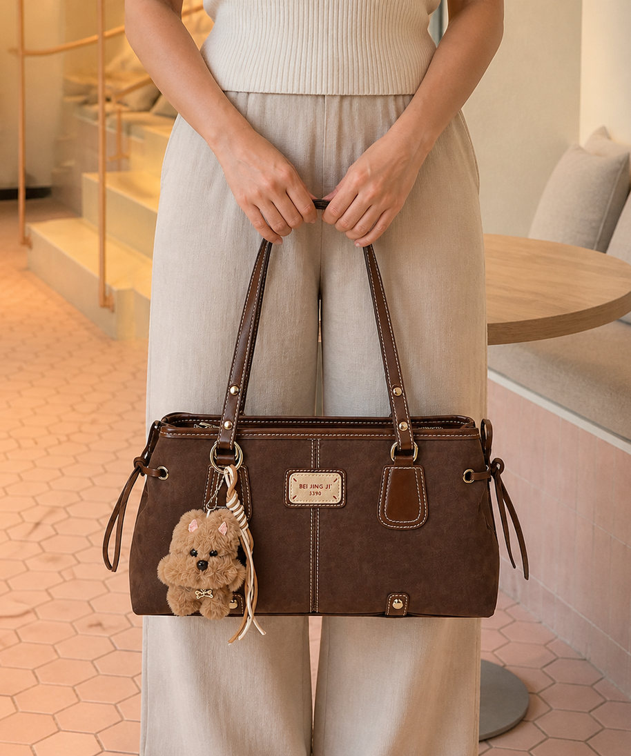 Model holding Camden Vintage Contrast-Stitch Tote Bag