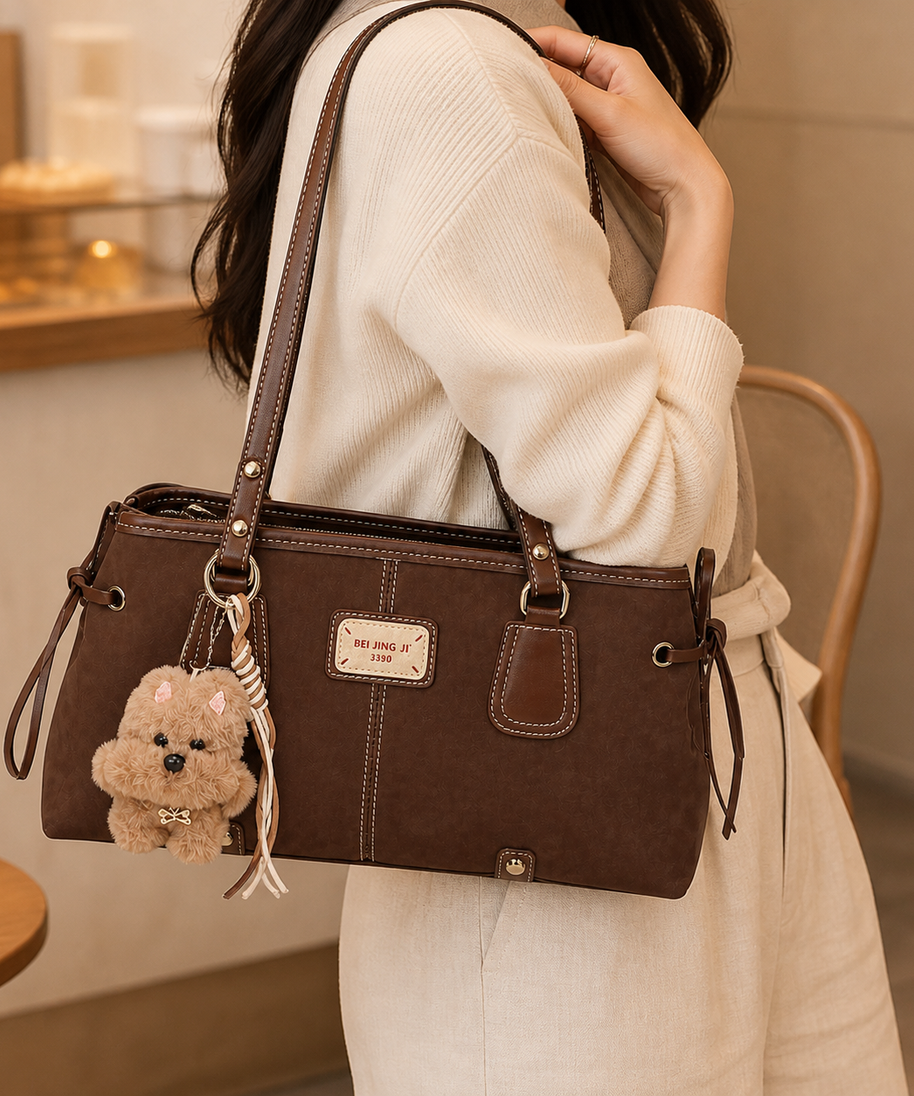 Model wearing Camden Vintage Contrast-Stitch Tote Bag on shoulder