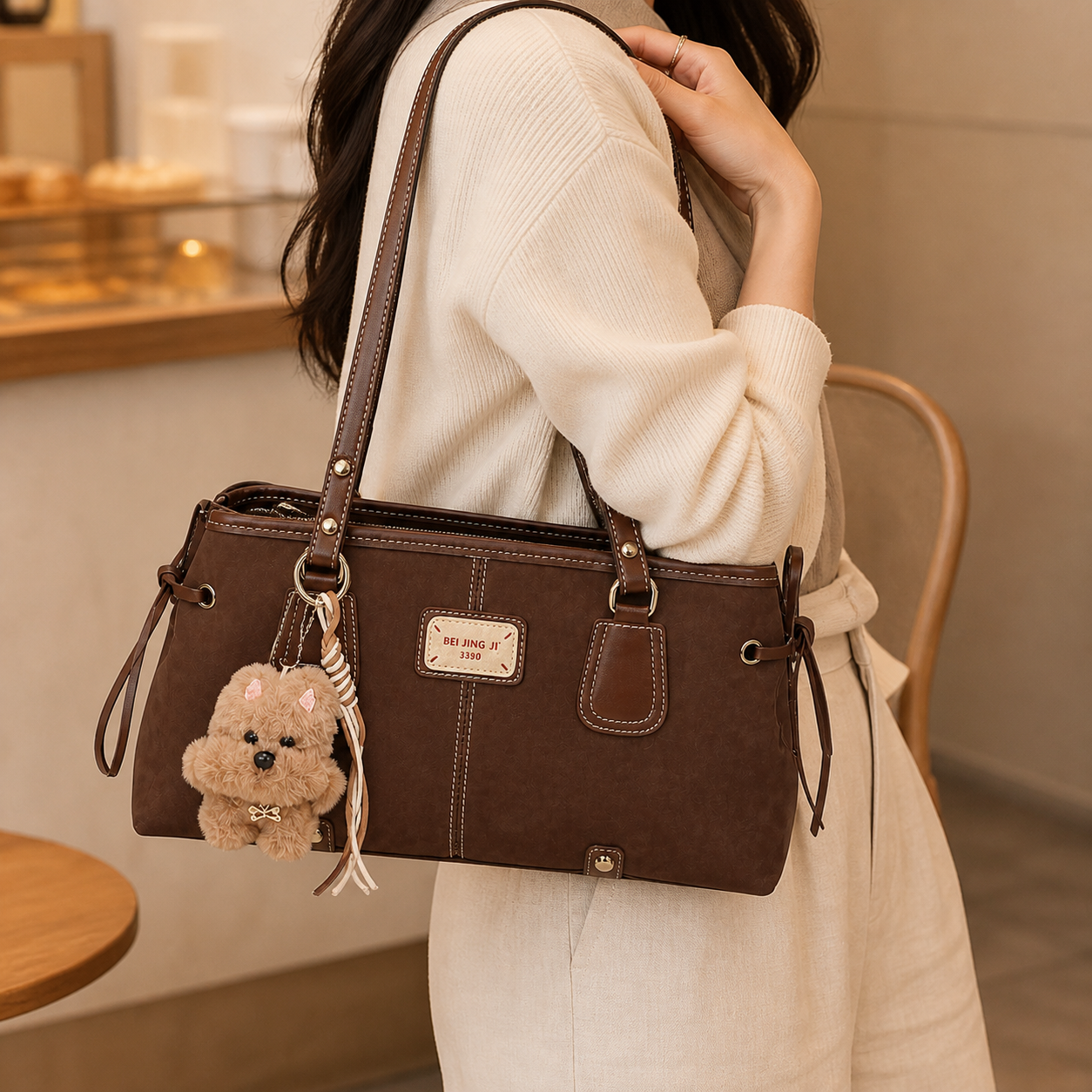 Model wearing Camden Vintage Contrast-Stitch Tote Bag on shoulder