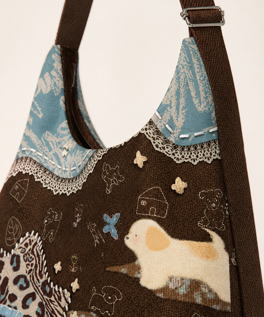 Caramel Puppy Canvas Crossbody Bag — panel and lace detail
