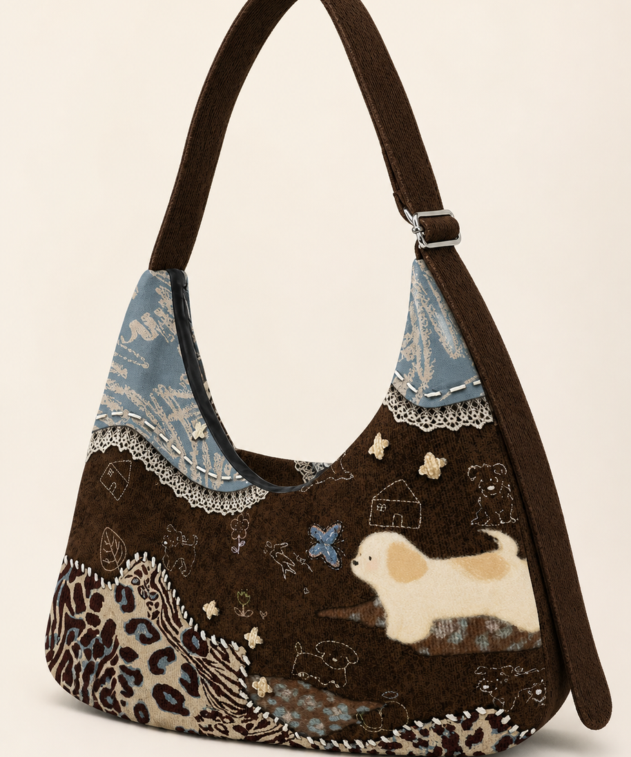 Caramel Puppy Canvas Crossbody Bag — puppy artwork detail