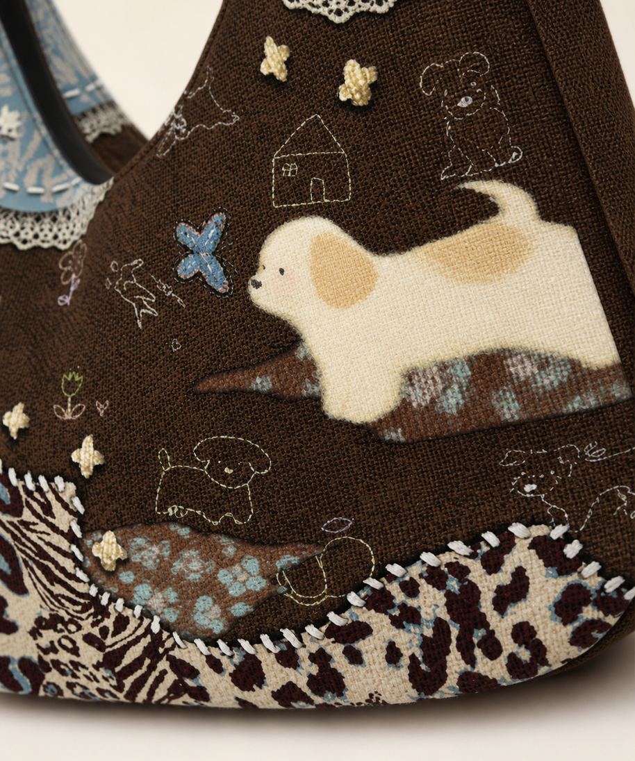 Caramel Puppy Canvas Crossbody Bag — patchwork detail