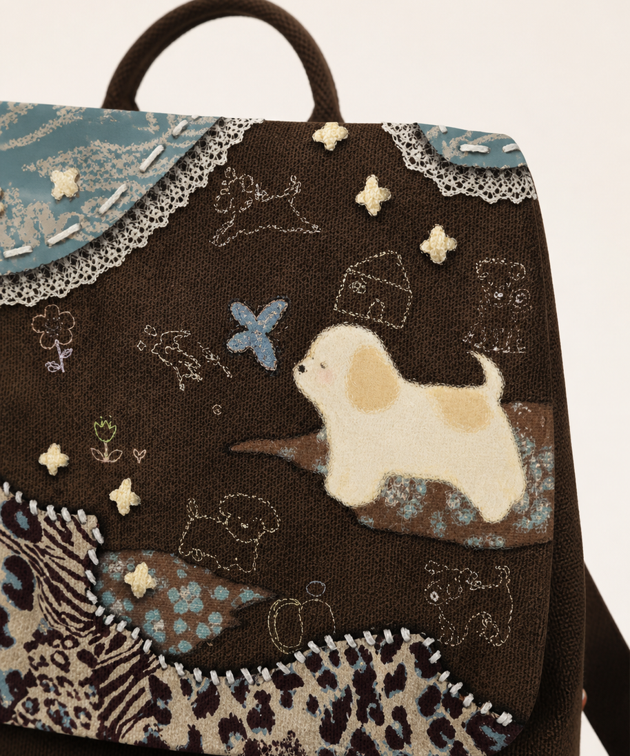Caramel Puppy Canvas Flap Backpack — puppy artwork detail