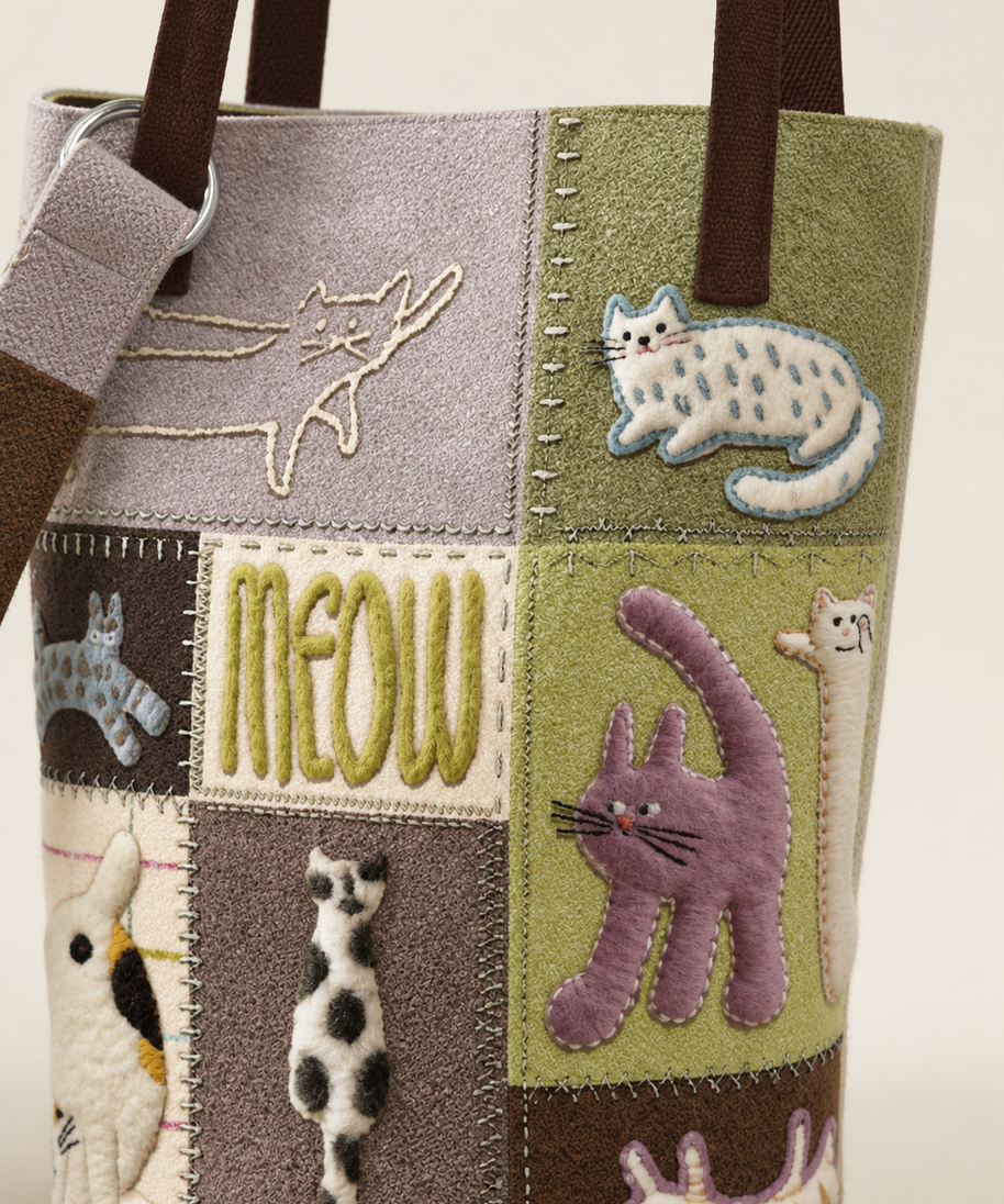 Cat Antics Canvas Bucket Bag — patch detail