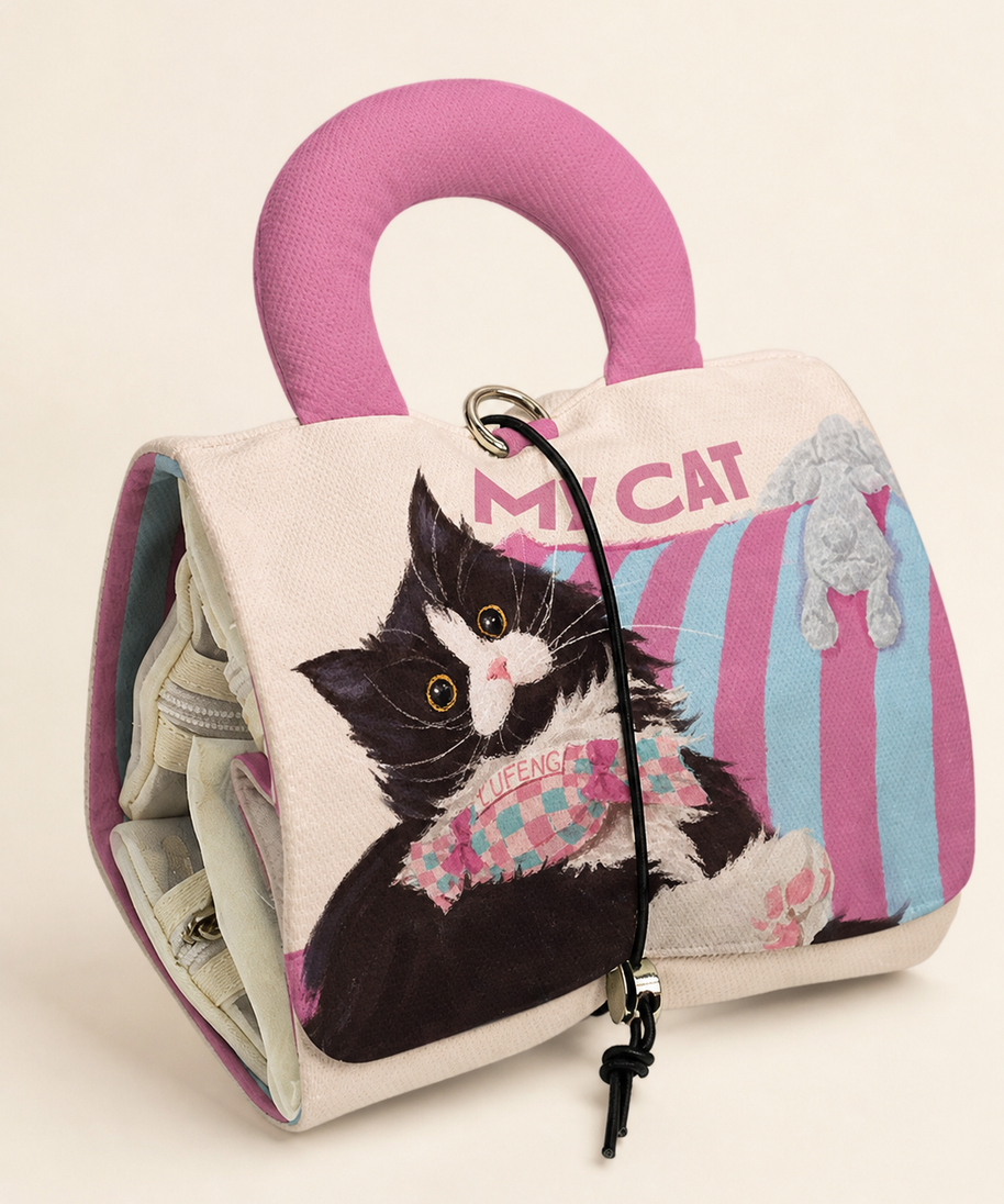 Cow Cat and Bunny Folding Cosmetic Bag — artwork and material detail