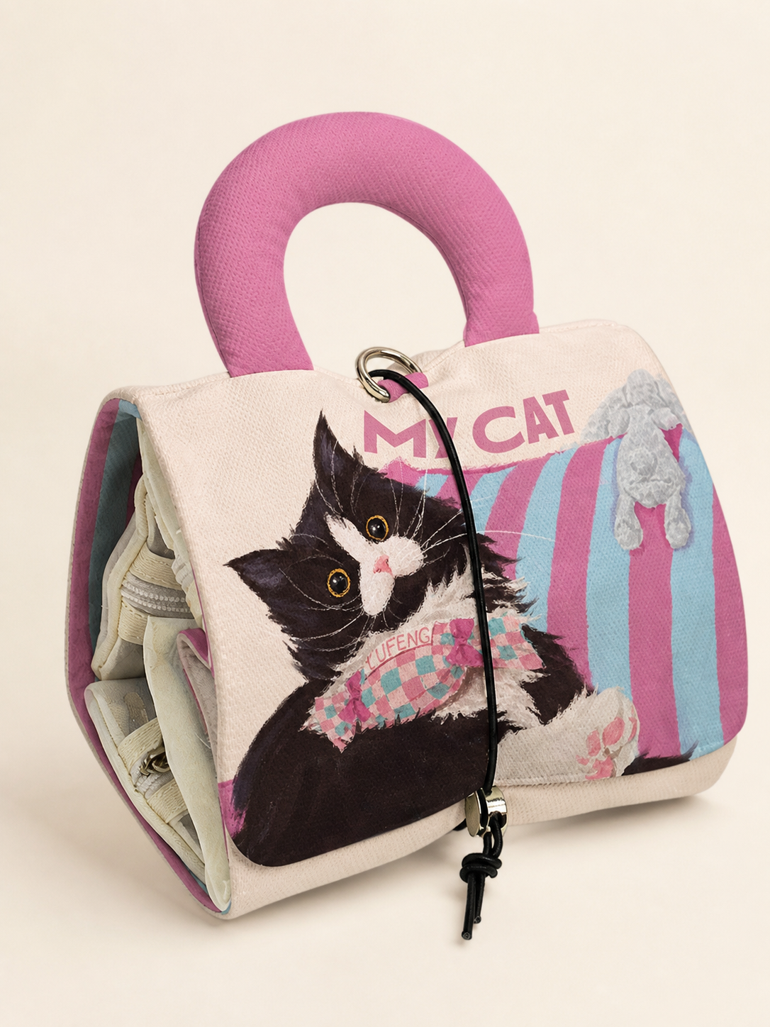 Cow Cat and Bunny Folding Cosmetic Bag — artwork and material detail