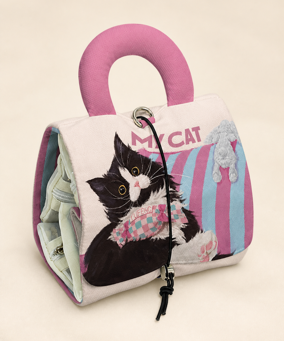 Cow Cat and Bunny Folding Cosmetic Bag — handle and hardware detail