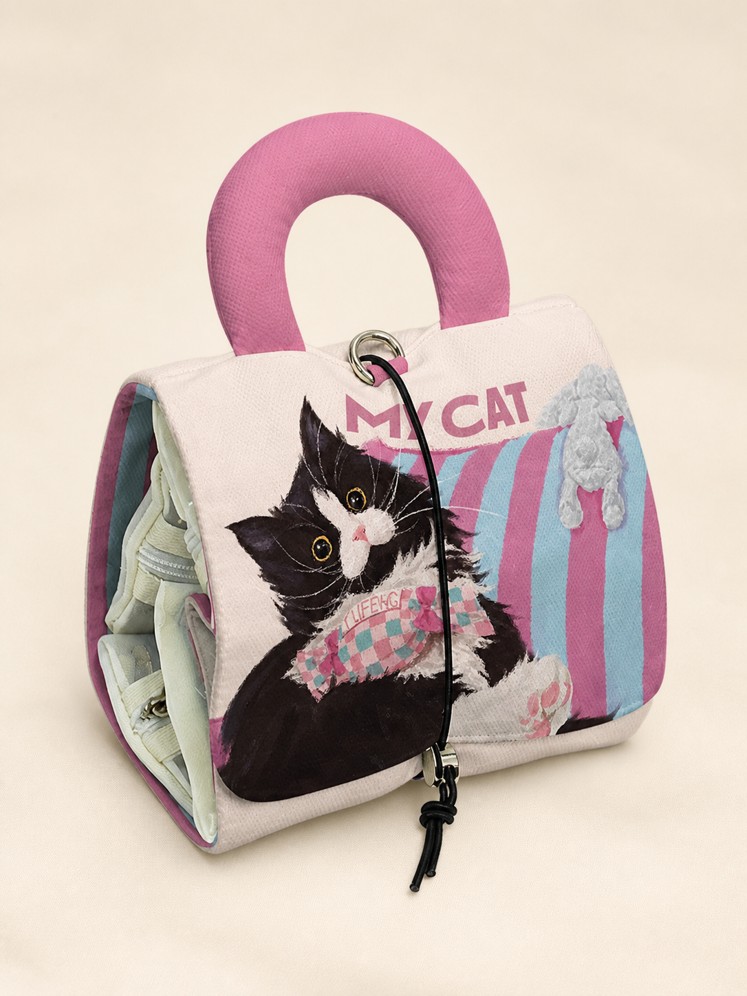 Cow Cat and Bunny Folding Cosmetic Bag — handle and hardware detail