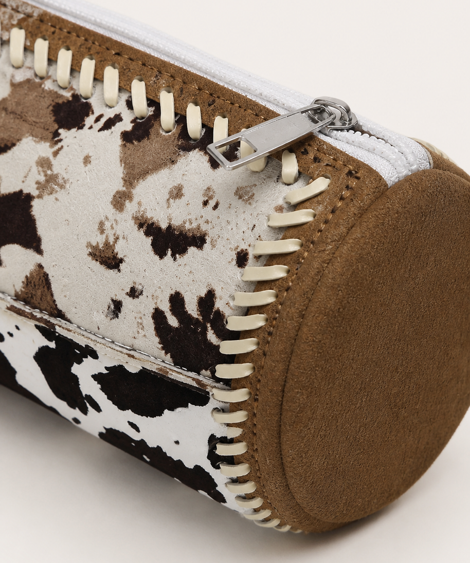 Cow Marble Canvas Round Pencil Case — artwork and material detail