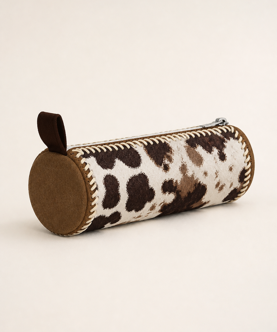 Cow Marble Canvas Round Pencil Case — side construction detail