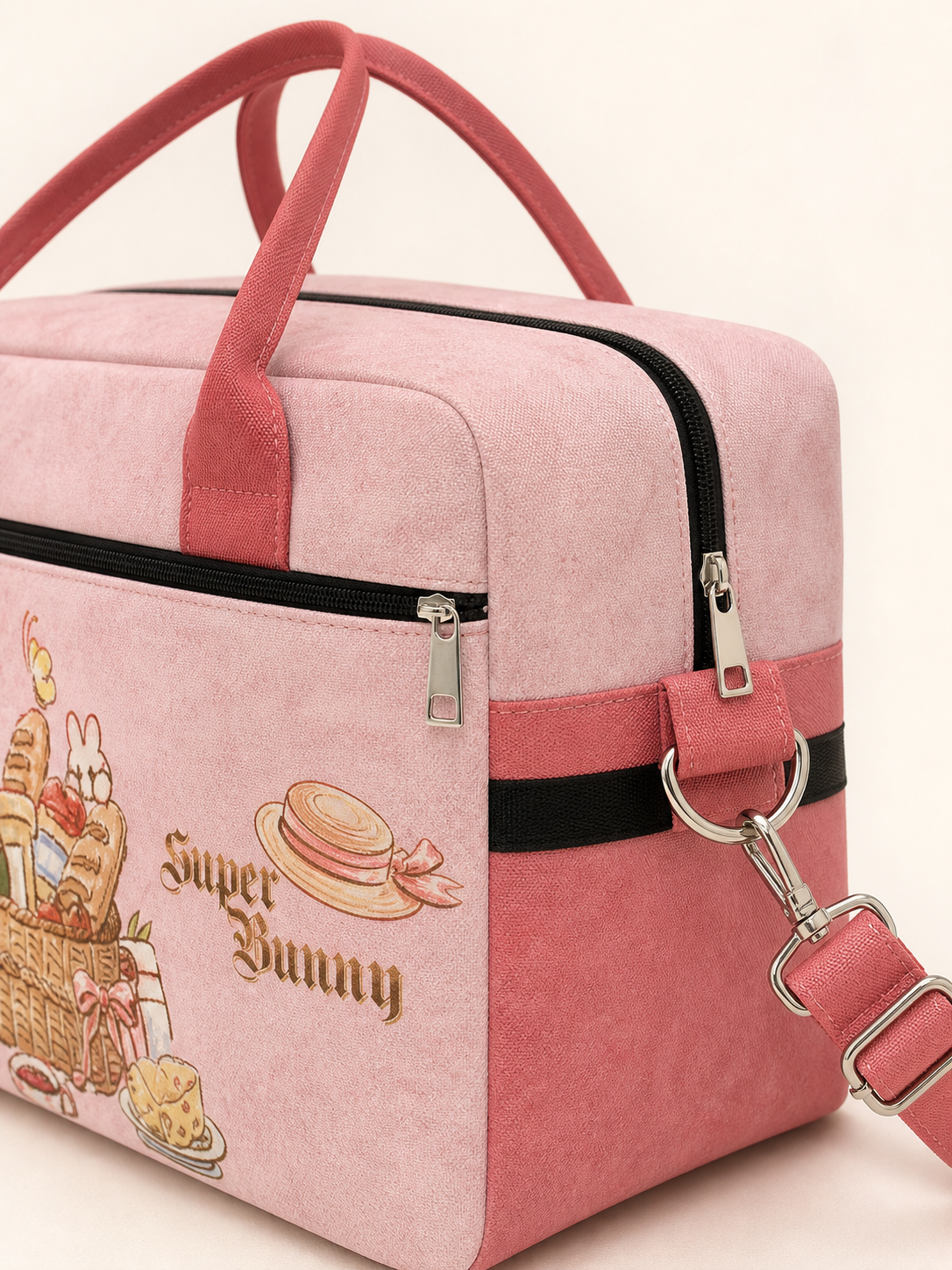 Cupcake Bunny Canvas Travel Bag — strap and handle detail
