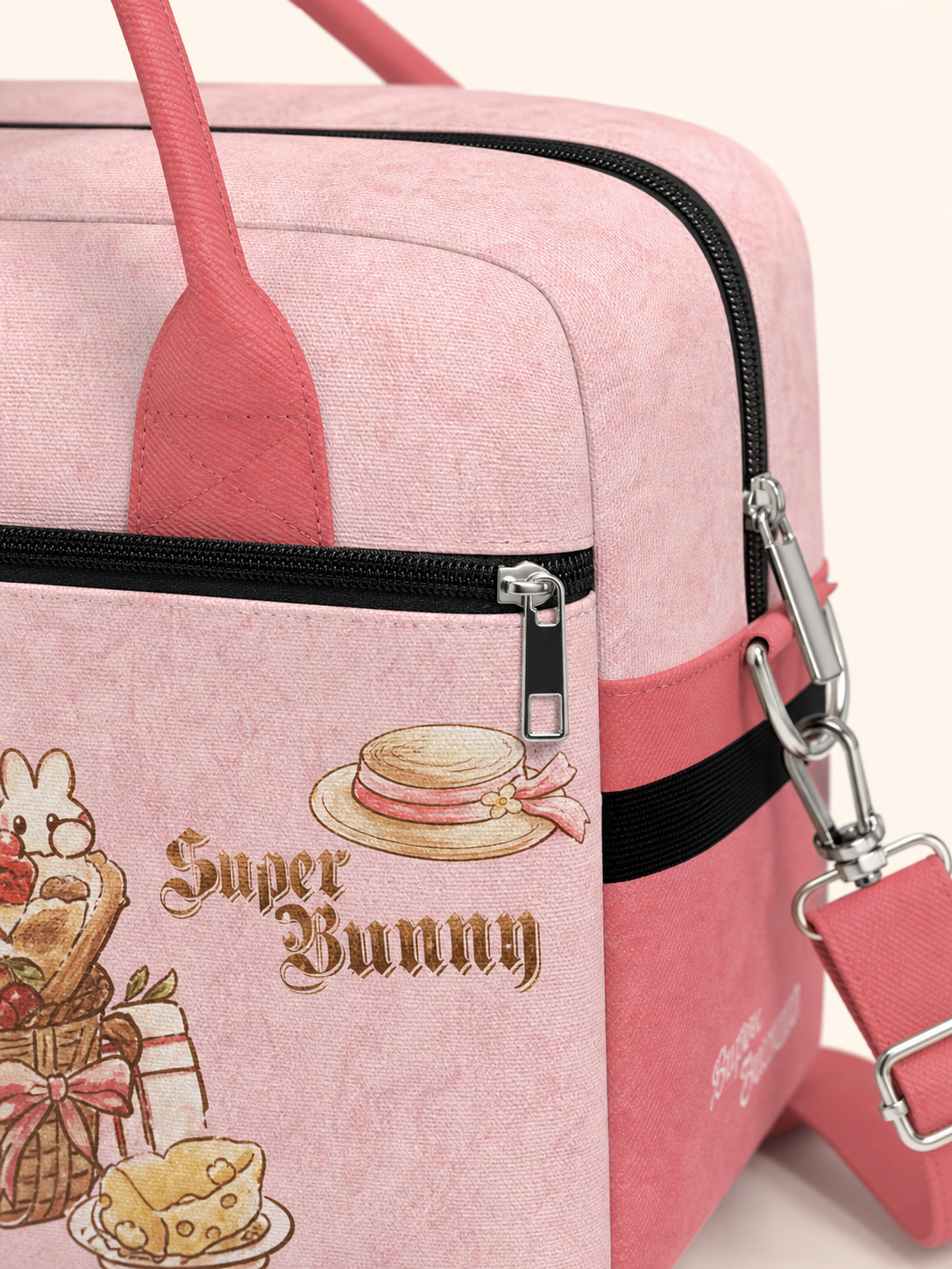 Cupcake Bunny Canvas Travel Bag — zipper detail