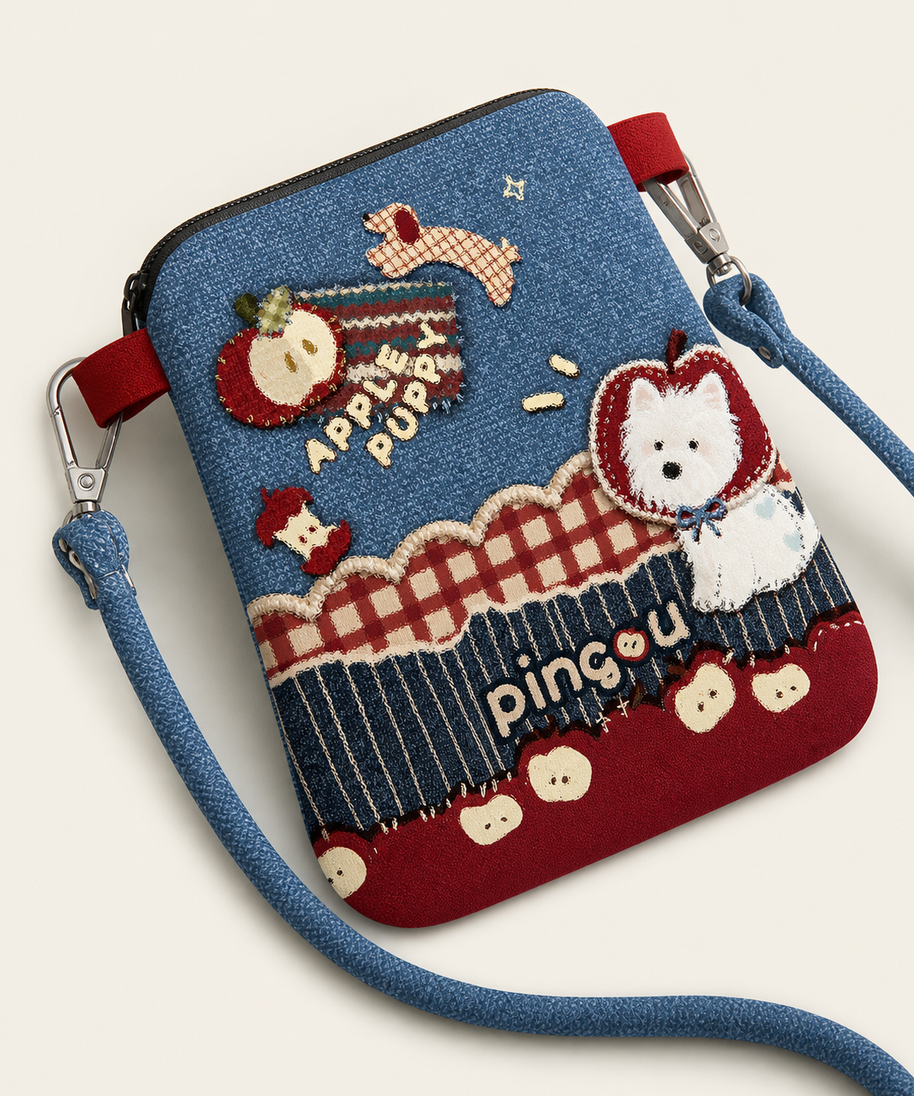 Denim Apple Dog Canvas Phone Bag — artwork detail