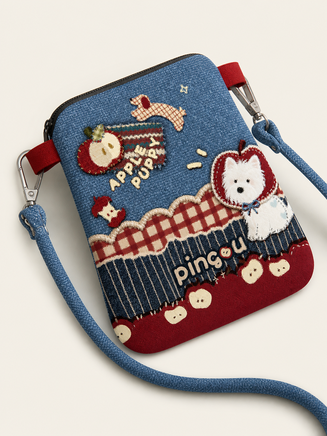 Denim Apple Dog Canvas Phone Bag — artwork detail