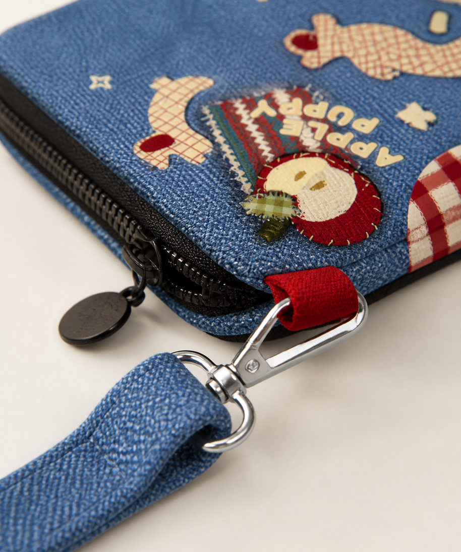 Denim Apple Dog Canvas Phone Bag — strap detail