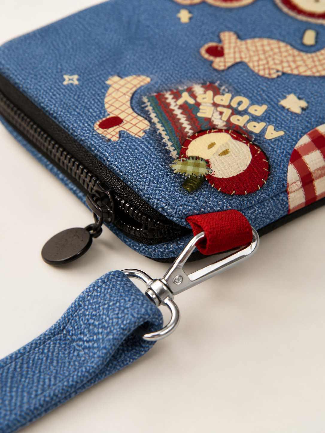 Denim Apple Dog Canvas Phone Bag — strap detail
