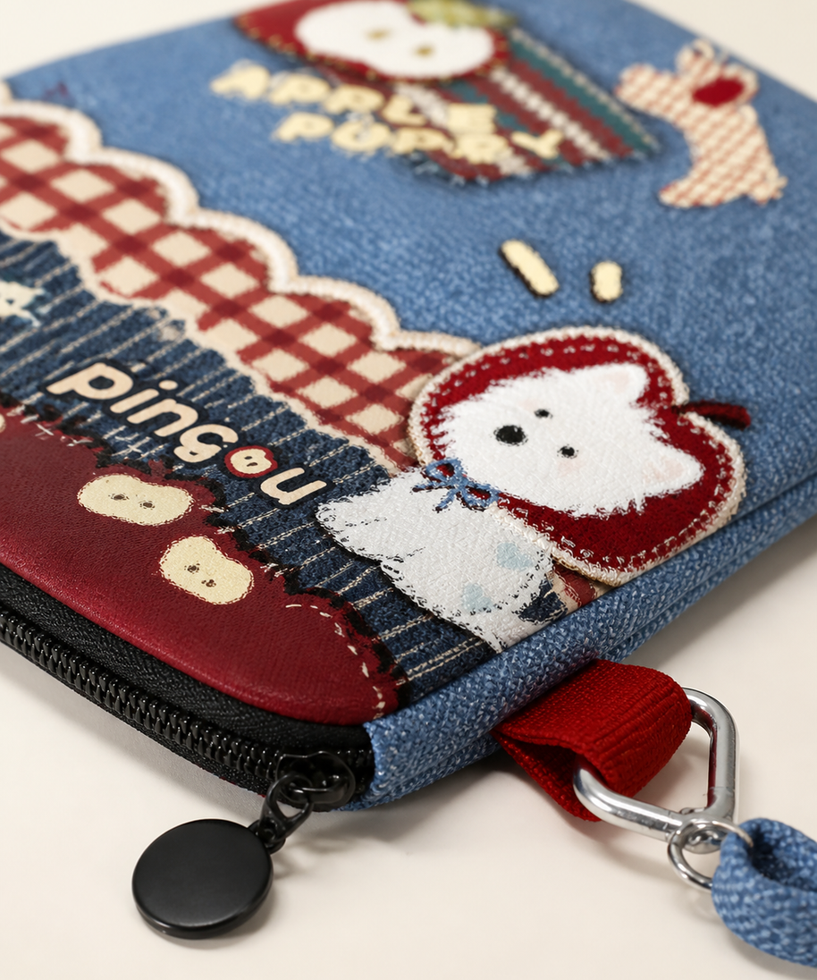 Denim Apple Dog Canvas Phone Bag — zipper detail