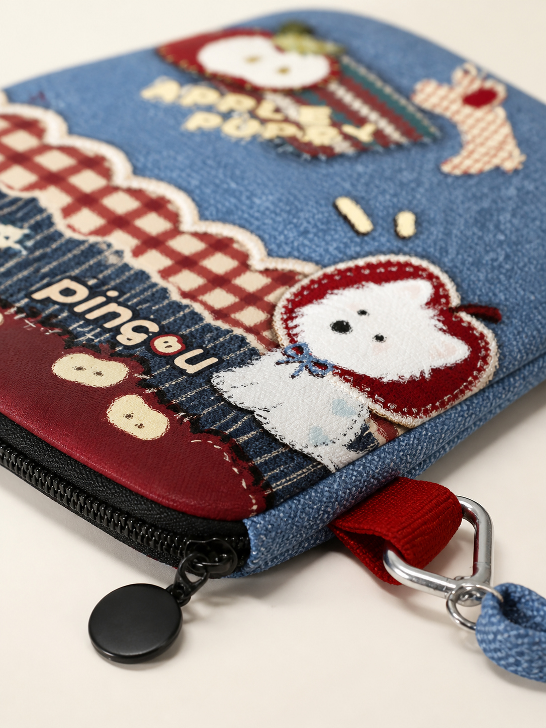 Denim Apple Dog Canvas Phone Bag — zipper detail