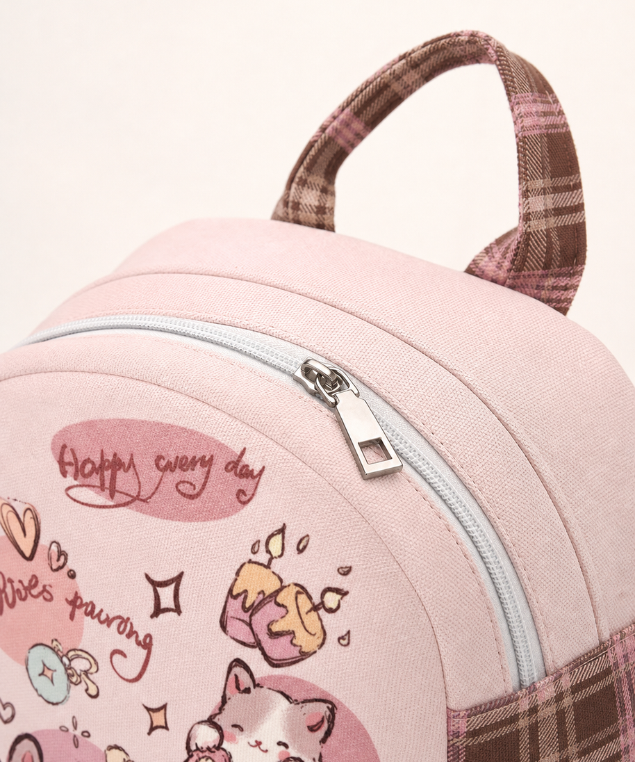 Feast Cat Canvas Backpack — zipper detail