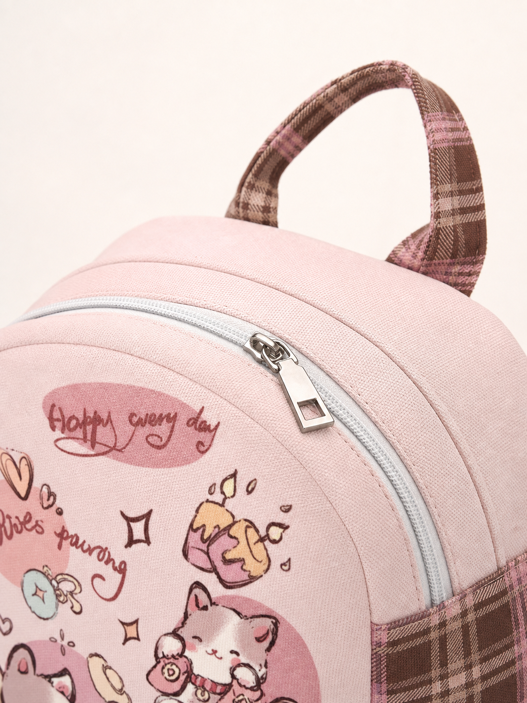 Feast Cat Canvas Backpack — zipper detail