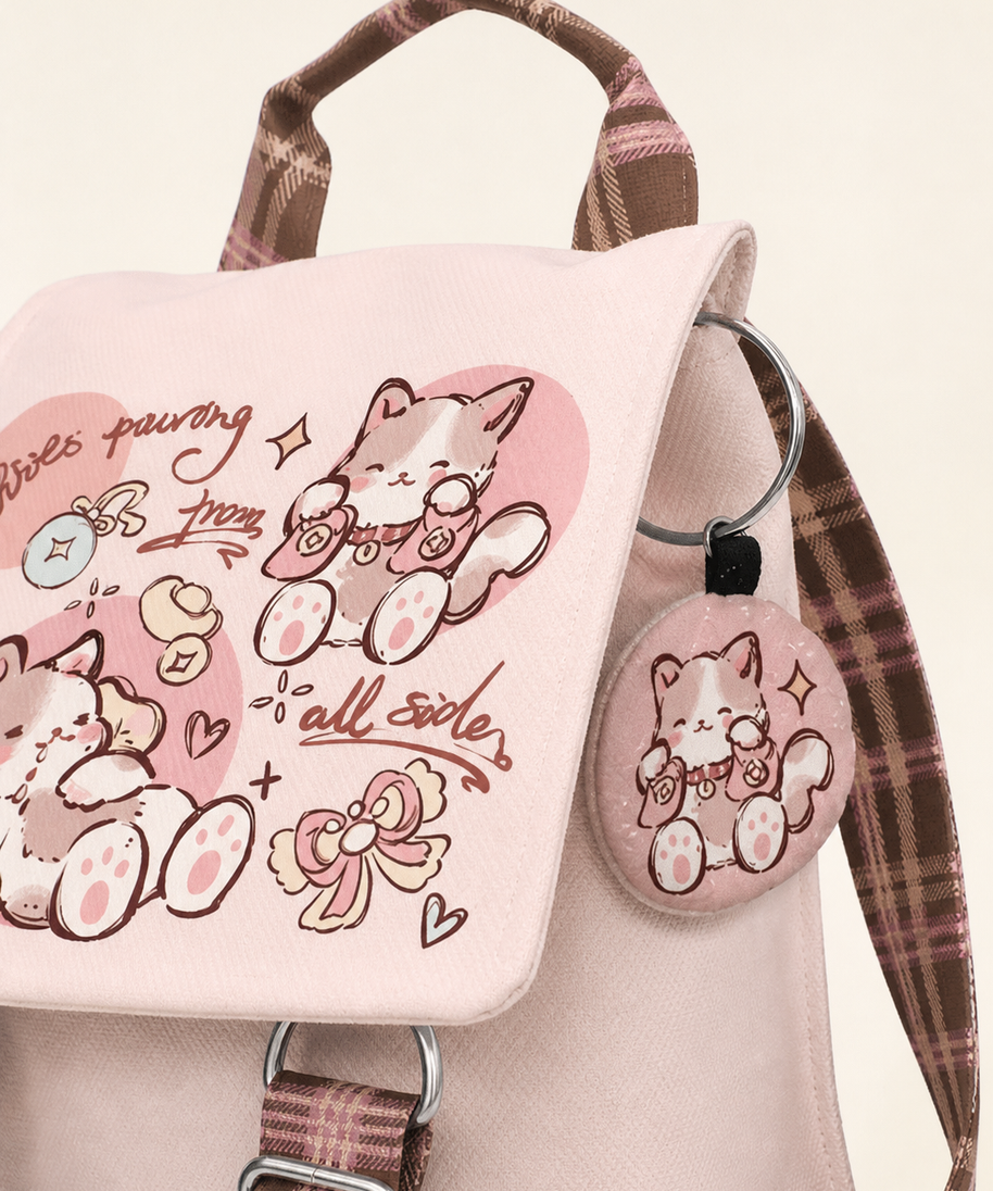 Feast Cat Canvas Flap Backpack — handle detail