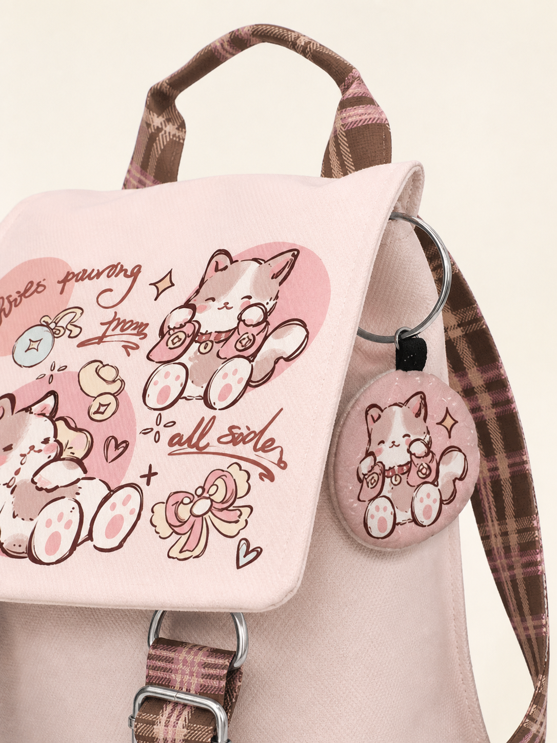 Feast Cat Canvas Flap Backpack — handle detail