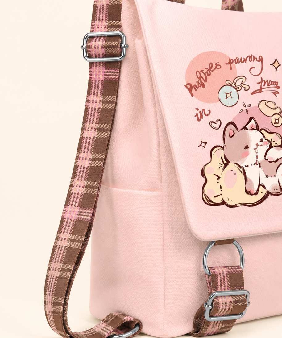 Feast Cat Canvas Flap Backpack — strap detail