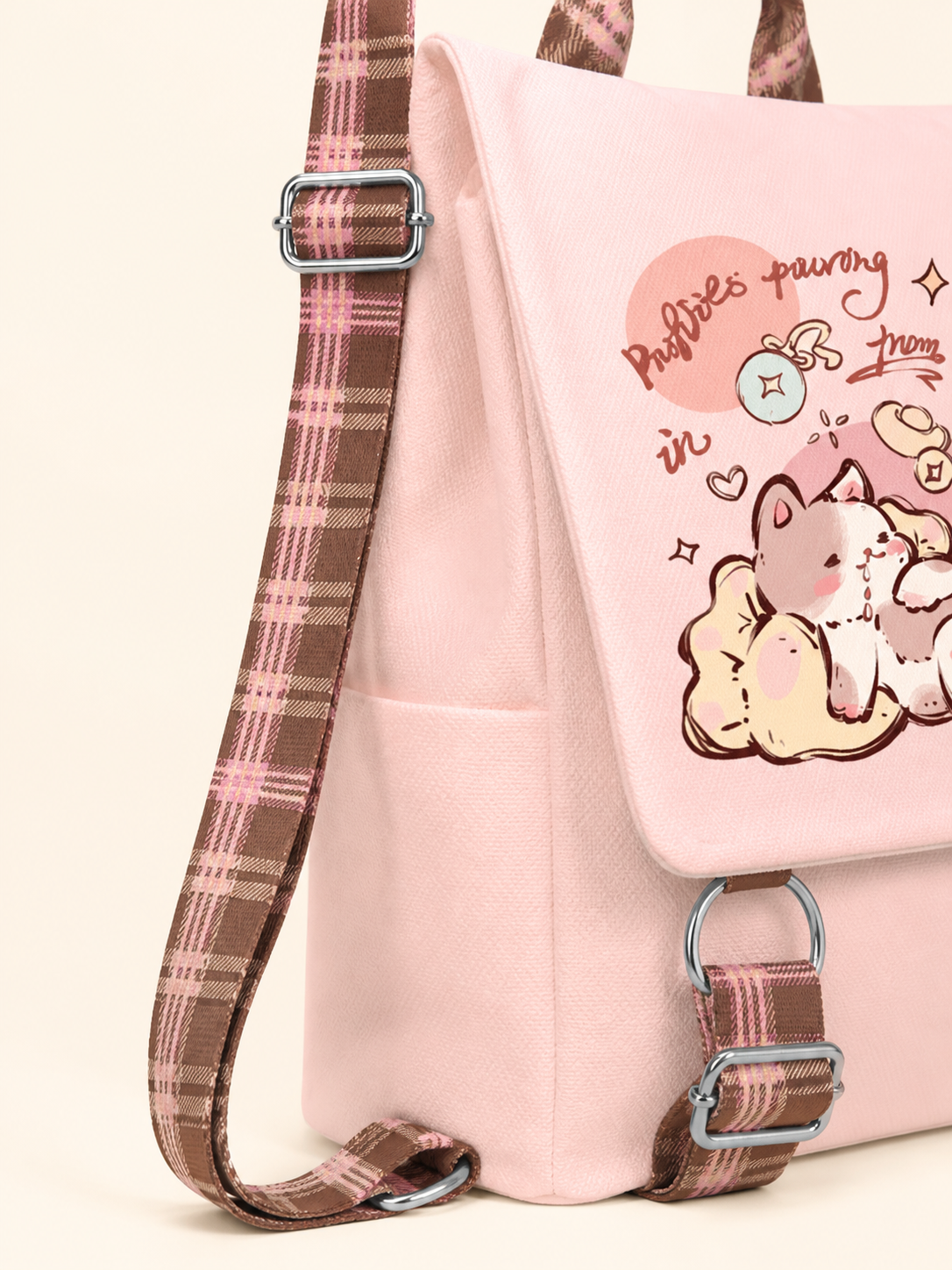 Feast Cat Canvas Flap Backpack — strap detail