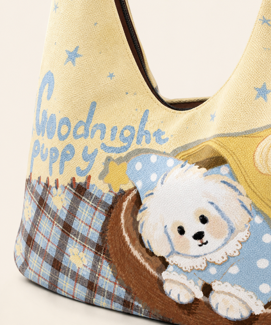 Goodnight Puppy Canvas Crossbody Bag — artwork detail