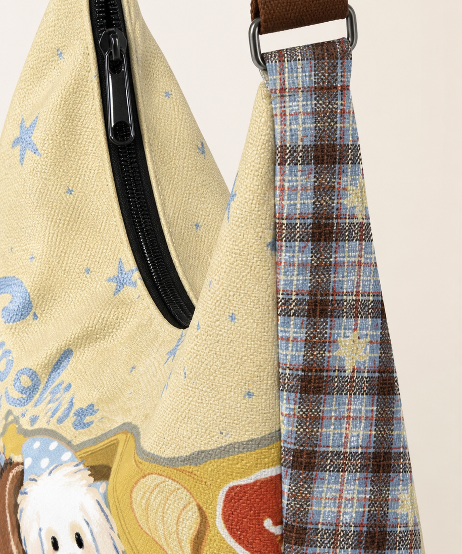 Goodnight Puppy Canvas Crossbody Bag — zipper detail