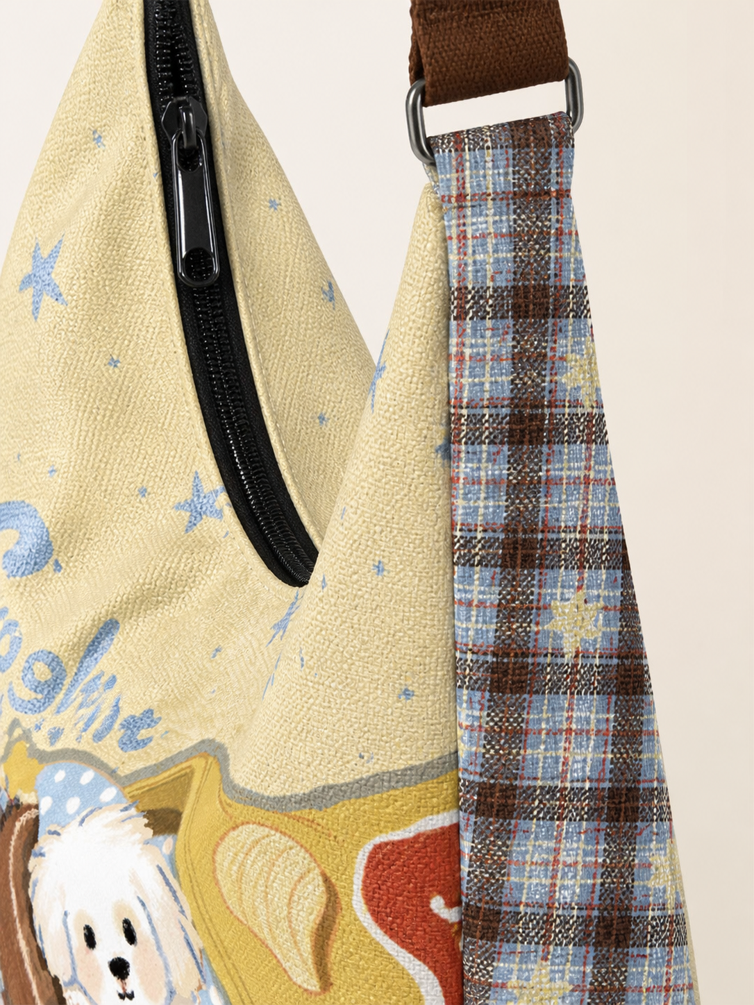 Goodnight Puppy Canvas Crossbody Bag — zipper detail