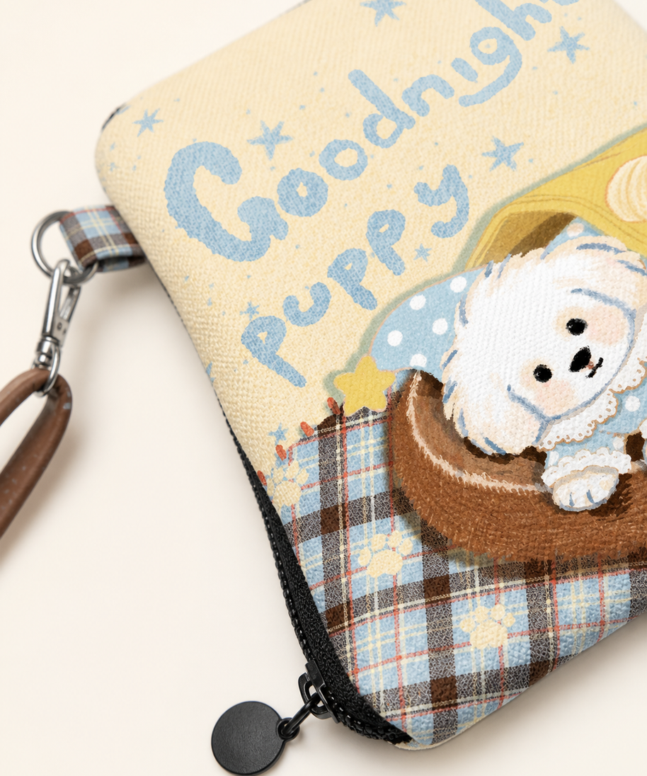 Goodnight Puppy Canvas Phone Bag — zipper detail