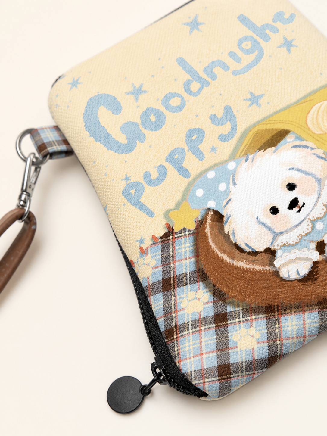 Goodnight Puppy Canvas Phone Bag — zipper detail