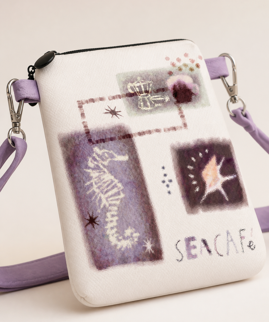 Island Coffee Canvas Phone Bag — shell motif detail