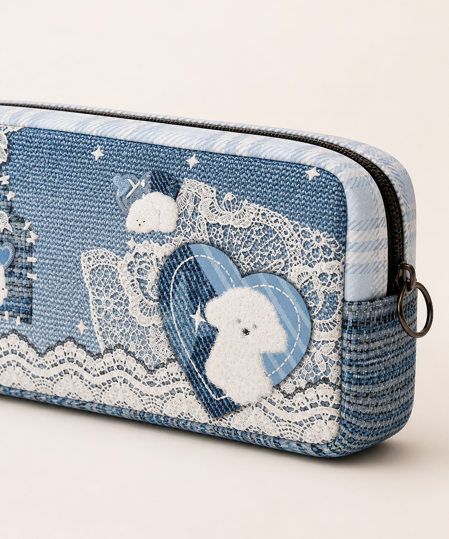 Lace Puppy Canvas Flat Pencil Case — lace detail