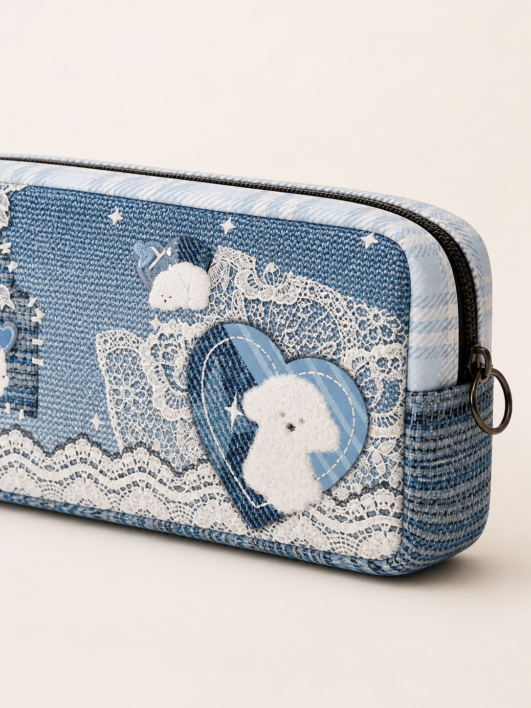 Lace Puppy Canvas Flat Pencil Case — lace detail