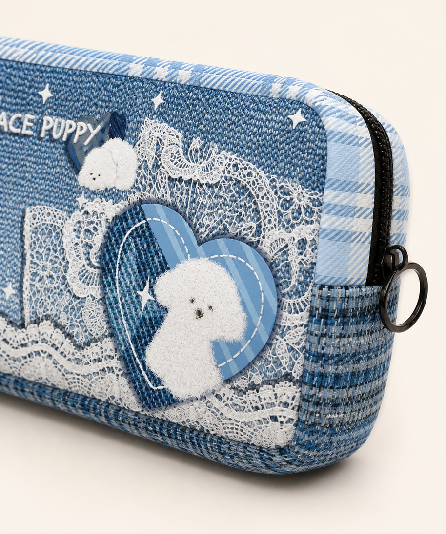 Lace Puppy Canvas Flat Pencil Case — puppy detail